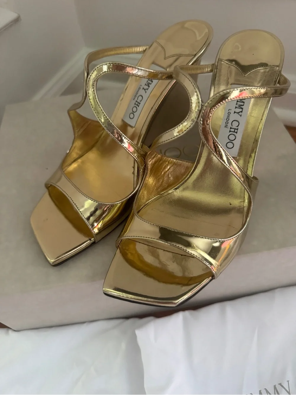 Jimmy Choo Gold Anise Liquid Metal Wedge Sandals 38.5
